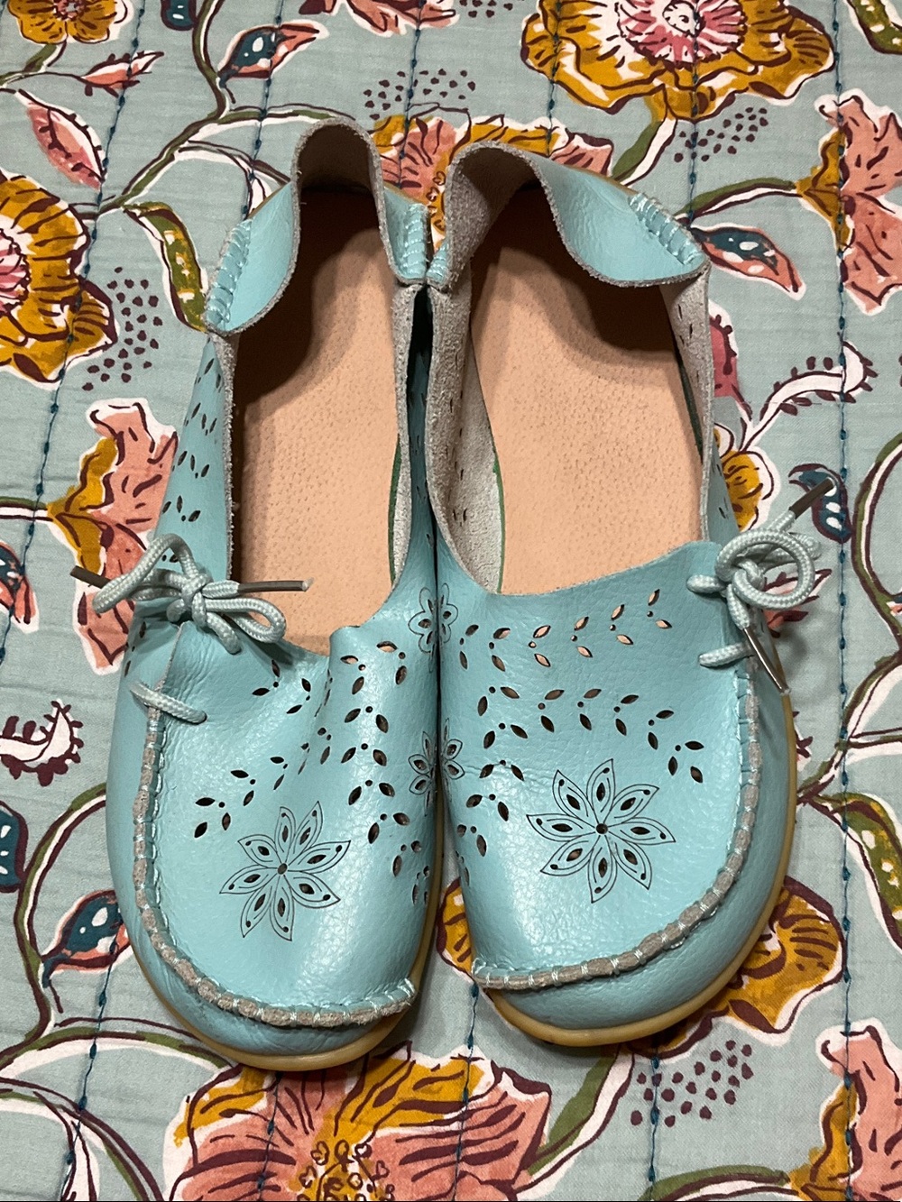 Women's Light Blue Floral die cut Leather Slip-On Loafers